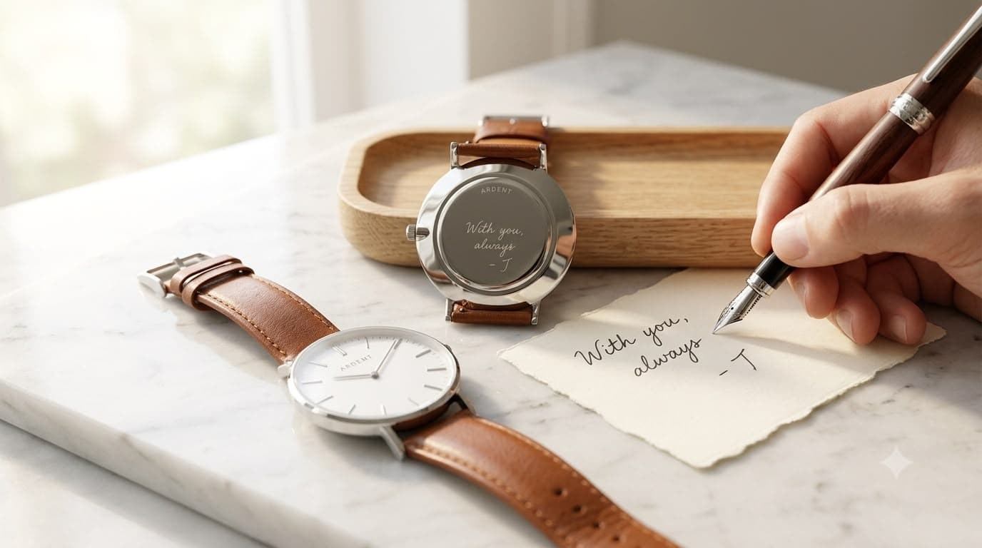 An Ardent engraved watch beside a handwritten note, its caseback engraved in the same handwriting